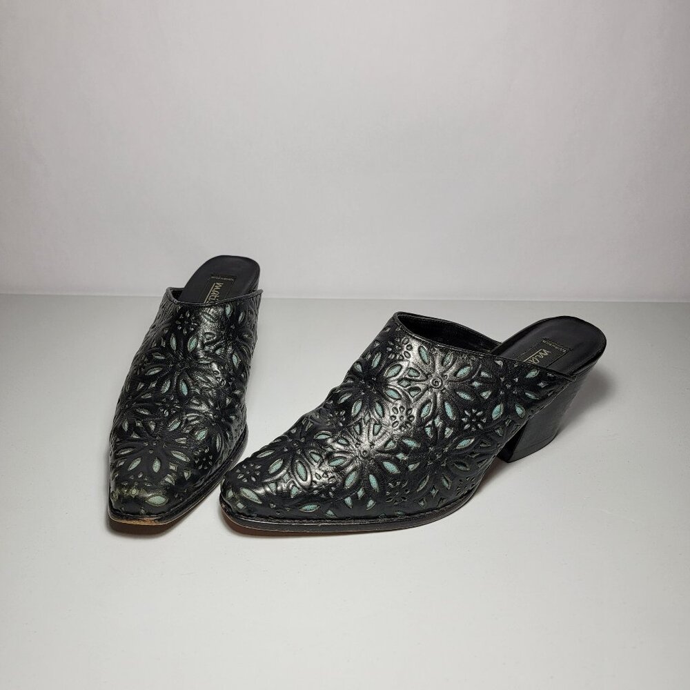 Matisse Women's  Western Black & Blue Leather cut out Berlin Heel Mules Sz 8.5M